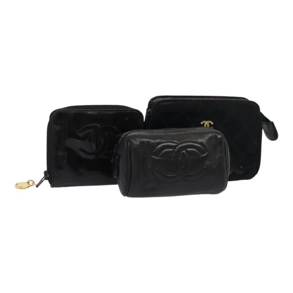 CHANEL Coin Purse Leather Enamel 3Set Black CC Auth bs17236 - Picture 1 of 16